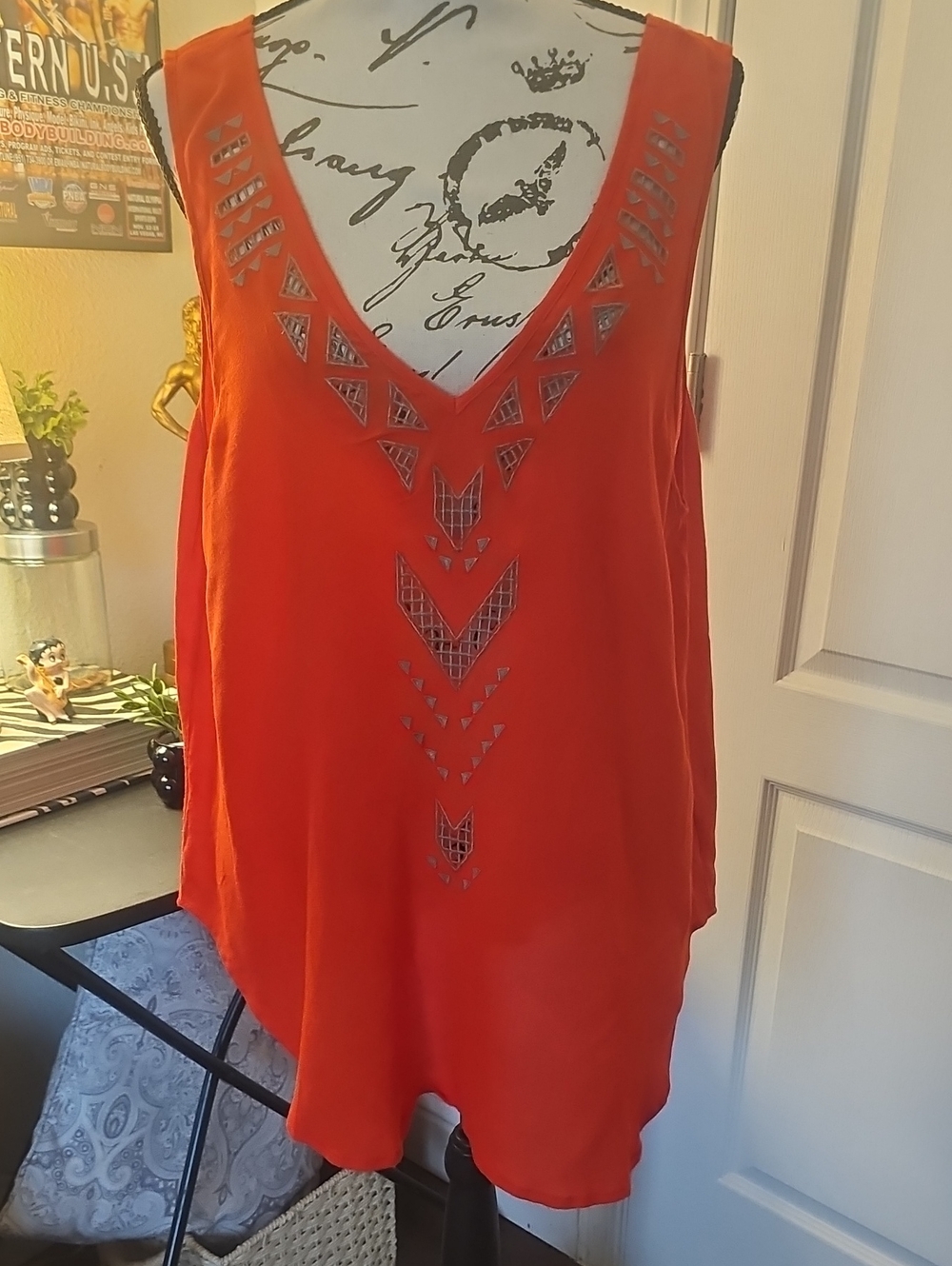 Astr Orange V-Neck Embellished Tank Top